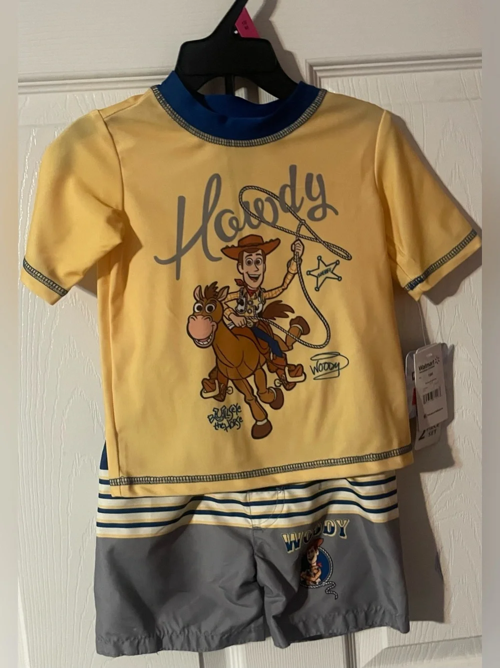 NWT Disney Pixar Toy Story Woody 2 Piece Rash Guard Swim Trunks Set UPF 50+ 18M